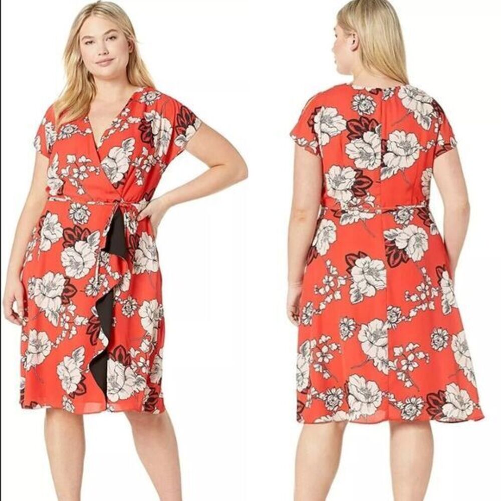 Adrianna Papell Red Paisley Floral Wrap Drape Dress Women's Plus Size 18W‎